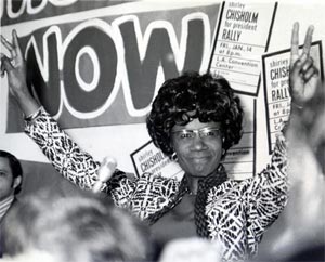 Congressmember Shirley Chisholm at a NOW-sponsored rally on the presidential campaign trail in 1972. Photo by Rose Greene.